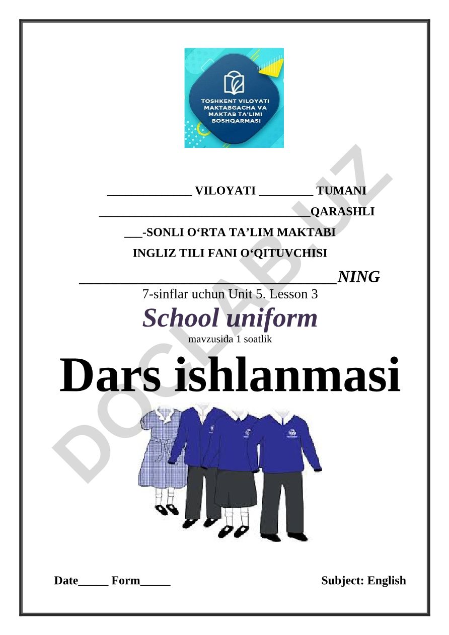 School uniform mavzusida 7-sinflar uchun ingliz tili darsi