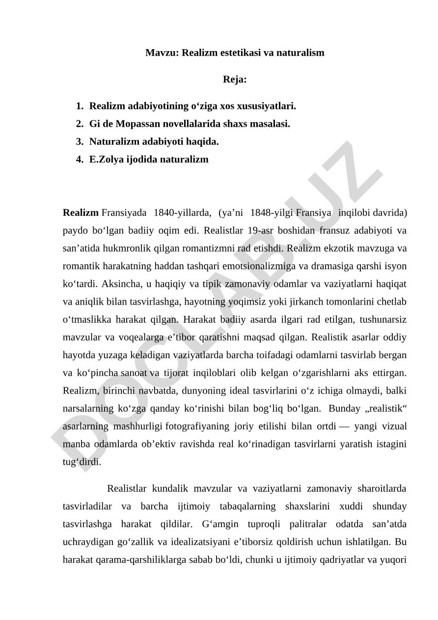 Realizm estetikasi va naturalism