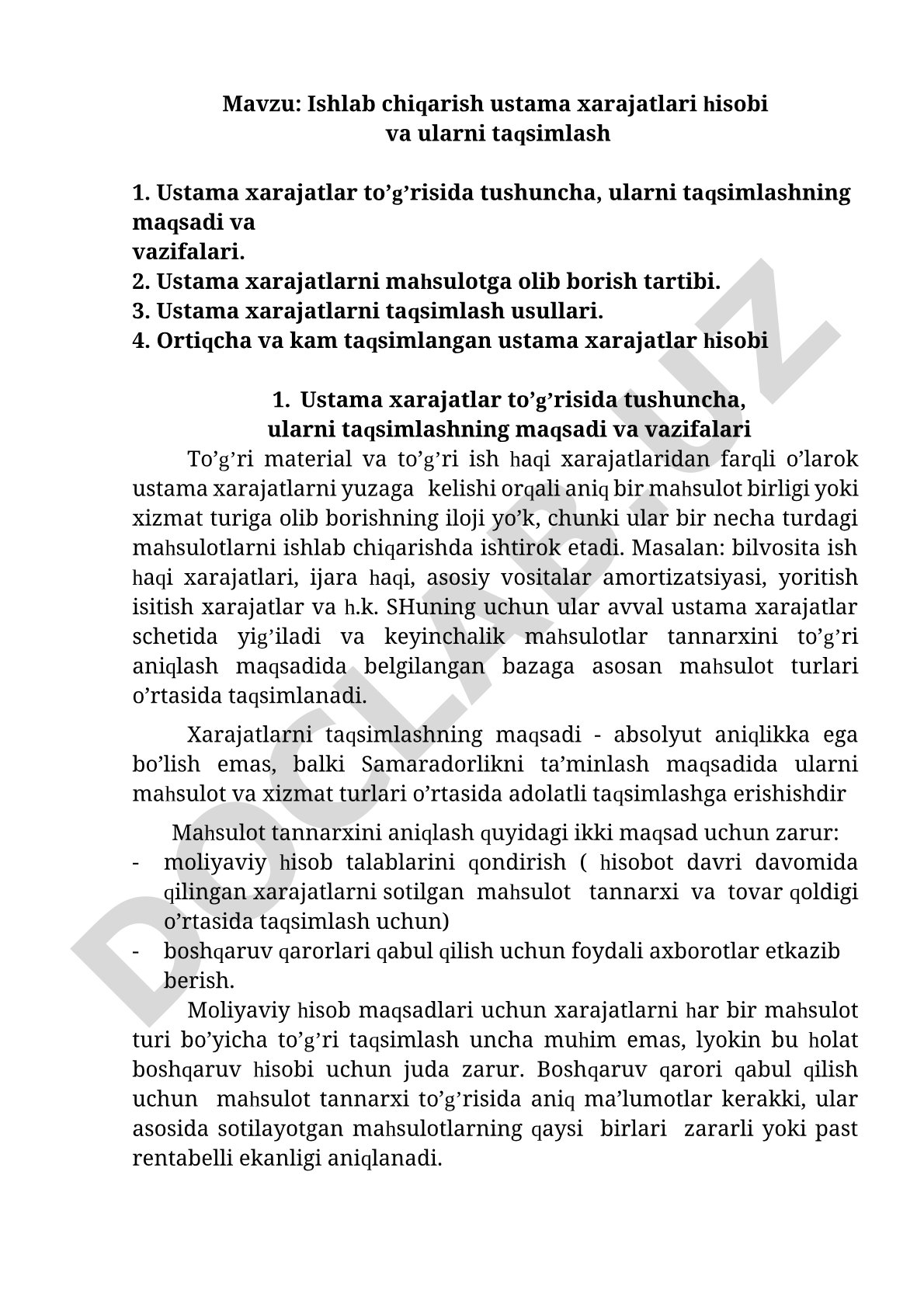 Ishlab chiqarish ustama xarajatlari hisobi va ularni taqsimlash