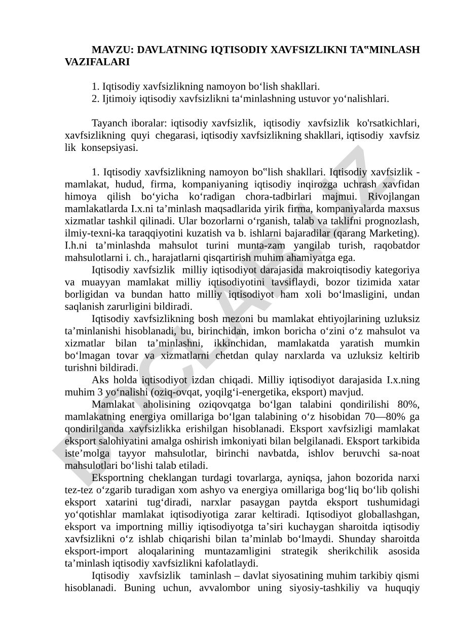 Davlatning iqtisodiy xavfsizlikni ta'minlash vazifalari