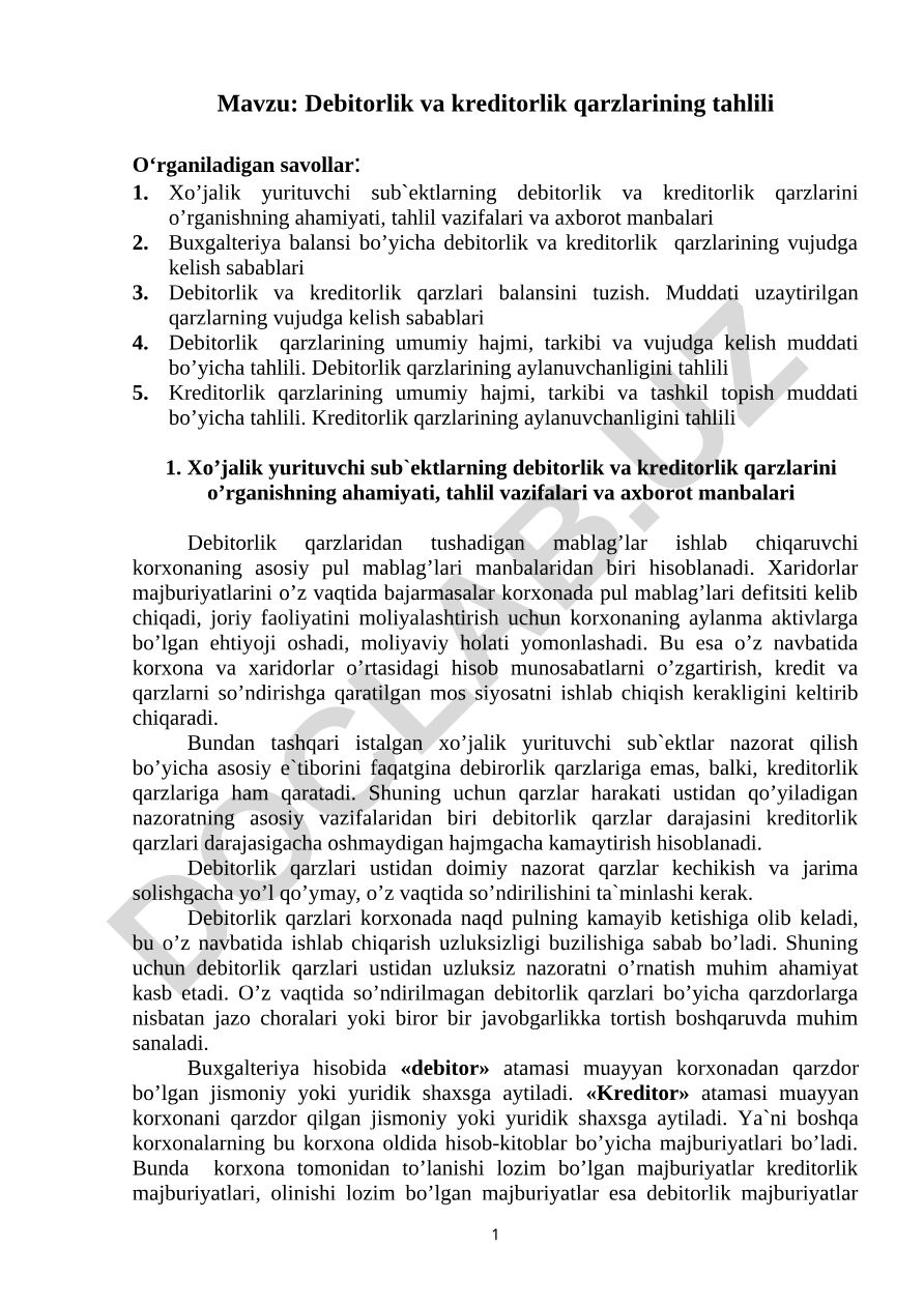 Debitorlik va kreditorlik qarzlarining tahlili