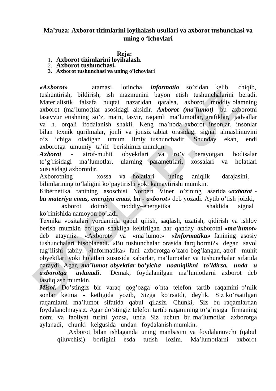 Axborot tizimlarini loyihalash usullari va axborot tushunchasi
