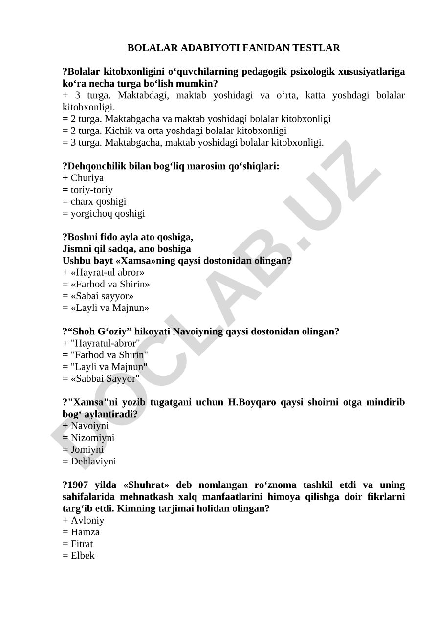Bolalar adabiyoti fanidan test savollari