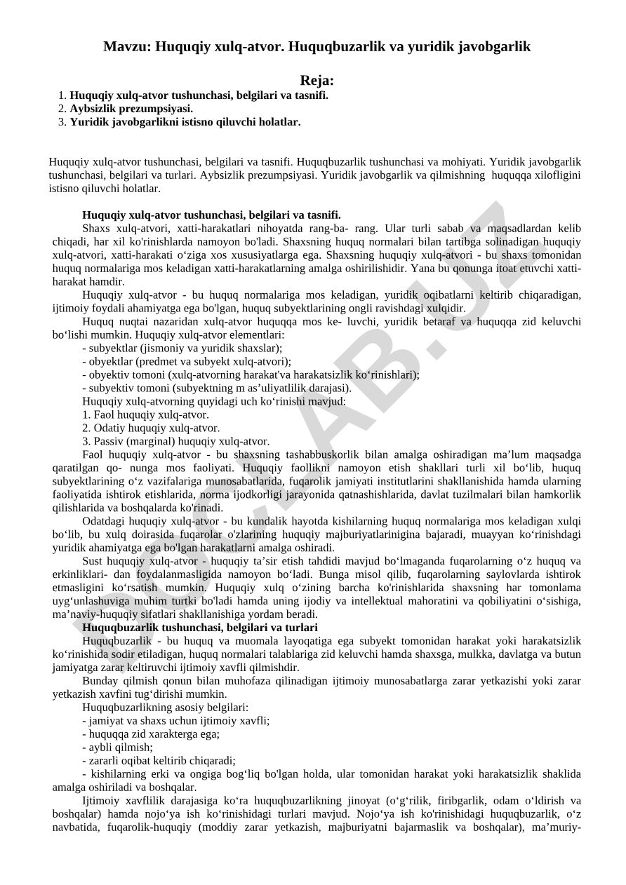 Huquqiy xulq-atvor. Huquqbuzarlik va yuridik javobgarlik