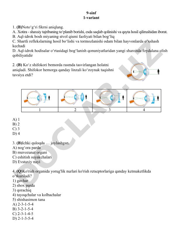 9-sinf biologiya fanidan test savollari
