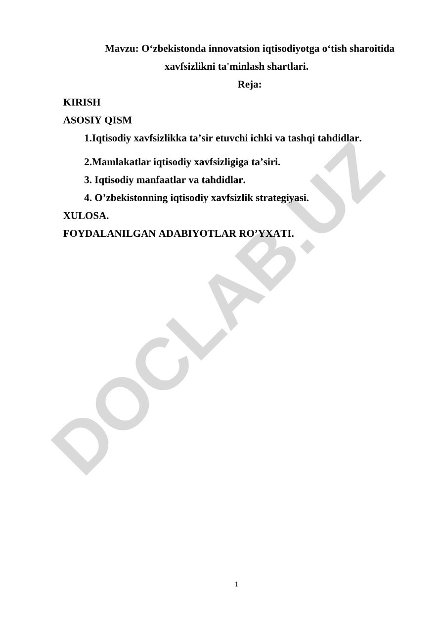 Oʻzbekistonda innovatsion iqtisodiyotga oʻtish sharoitida xavfsizlikni ta'minlash shartlari