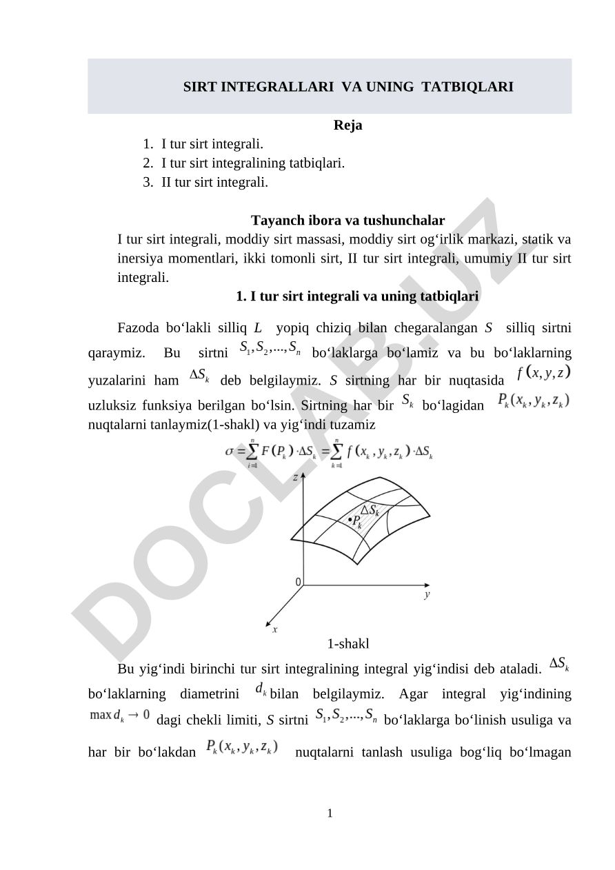 Sirt integrallari va uning tatbiqlari