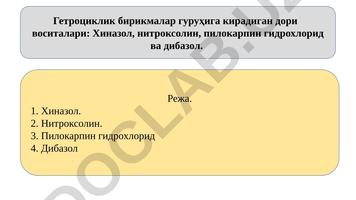 Гетроциклик бирикмалар гуруҳига кирадиган дори воситалари: Хиназол, нитроксолин, пилокарпин гидрохлорид ва дибазол
