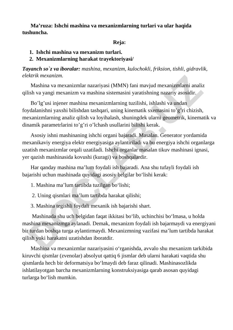 Ishchi mashina va mexanizmlarning turlari va ular haqida tushuncha