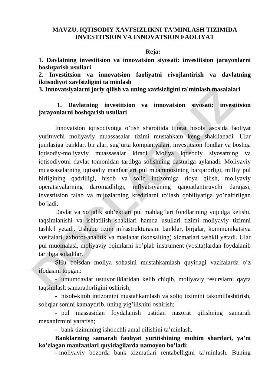 Iqtisodiy xavfsizlikni ta'minlash tizimida investitsion va innovatsion faoliyat