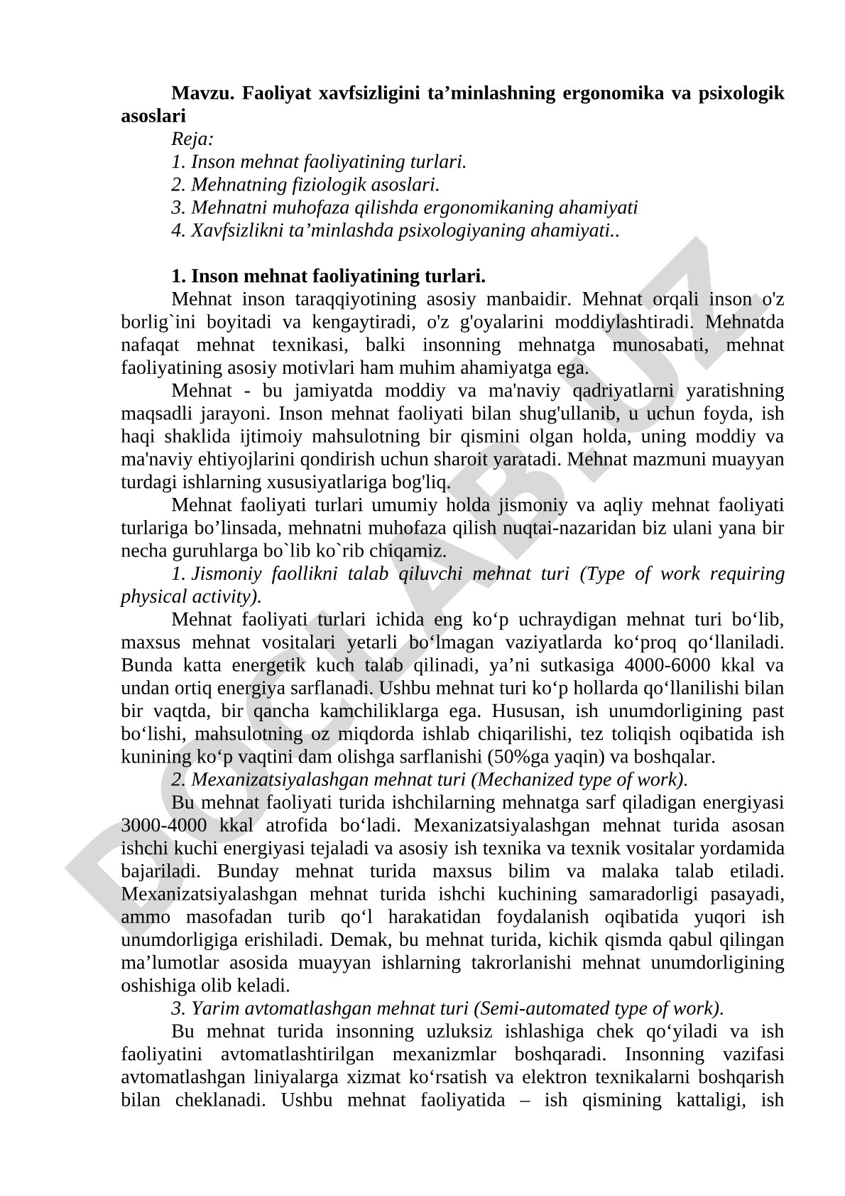 Faoliyat xavfsizligi ergonomika psixologiya