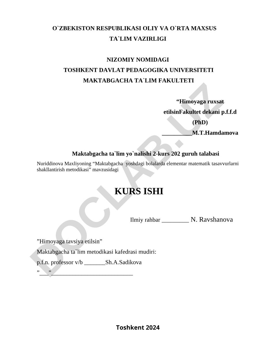 Maktabgacha yoshdagi bolalarda elementar matematik tasavvurlarni shakllantirish metodikasi
