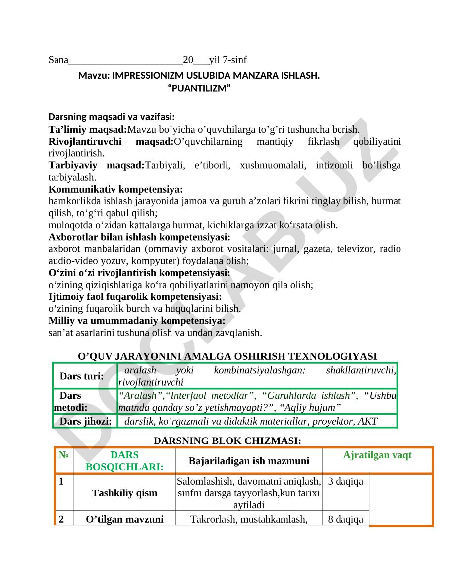 IMPRESSIONIZM USLUBIDA MANZARA ISHLASH. “PUANTILIZM”