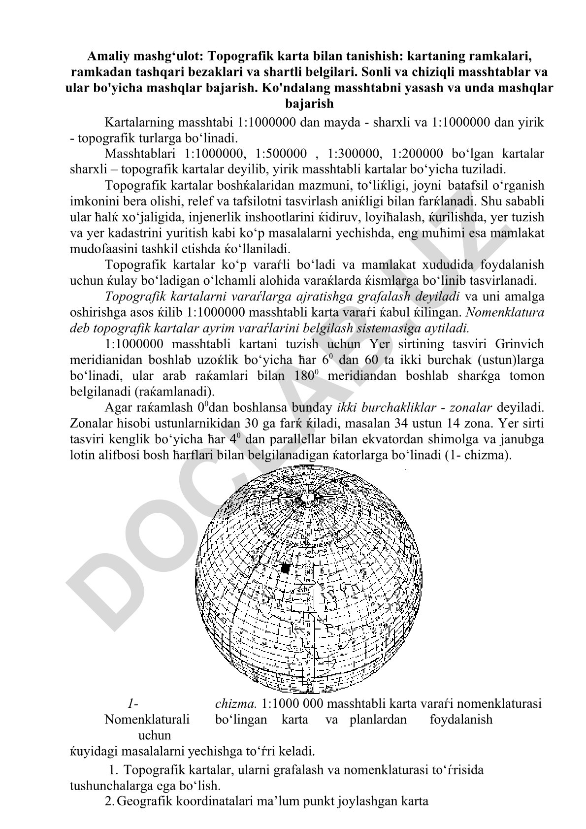 Topografik karta bilan tanishish va masshtablar bo'yicha mashqlar