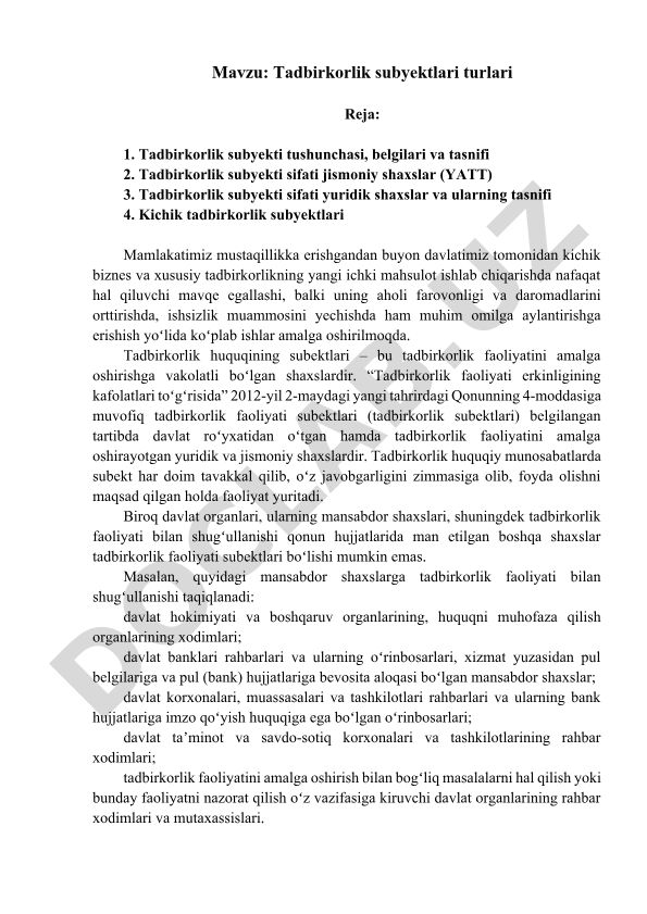 Tadbirkorlik subyektlari turlari