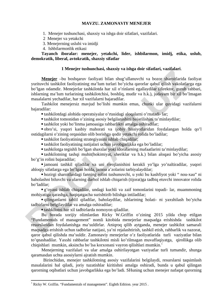 Zamonaviy menejer tushunchasi, shaxsiy va ishga doir sifatlari, vazifalari