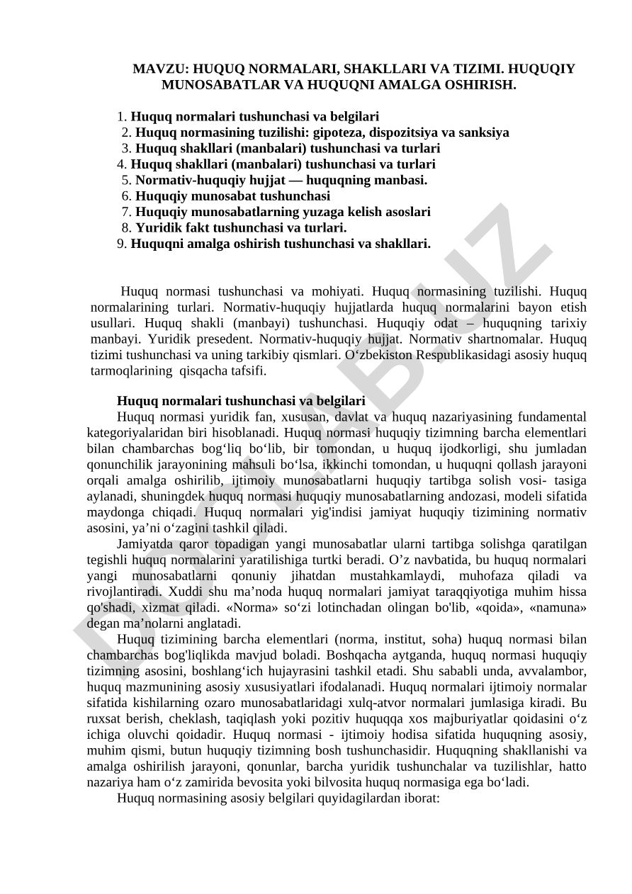 HUQUQ NORMALARI, SHAKLLARI VA TIZIMI. HUQUQIY MUNOSABATLAR VA HUQUQNI AMALGA OSHIRISH