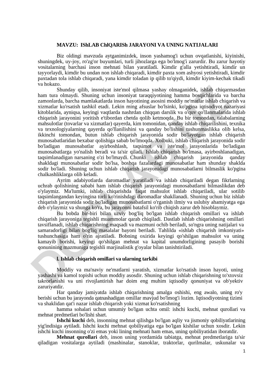 Ishlab chiqarish jarayoni va uning natijalari