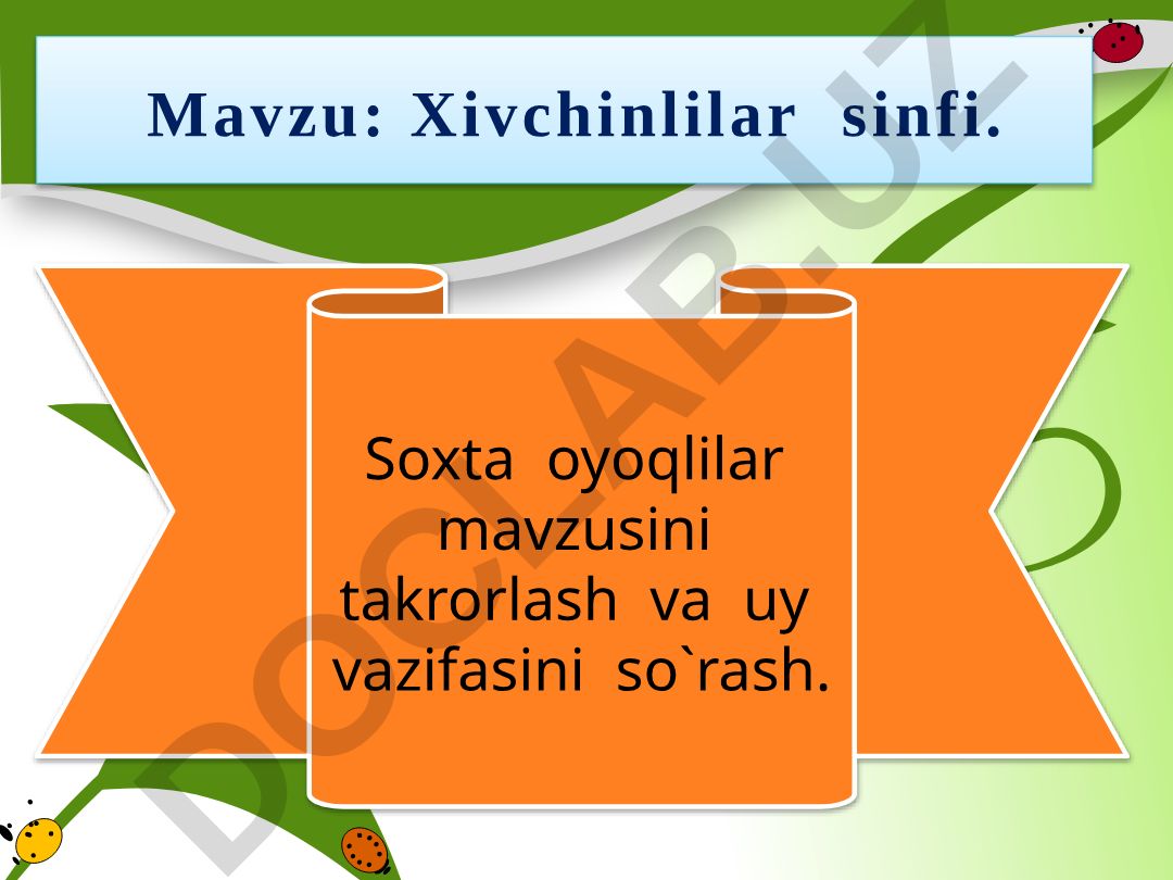 Xivchinlilar sinfi. Soxta oyoqlilar mavzusini takrorlash va uy vazifasini so`rash