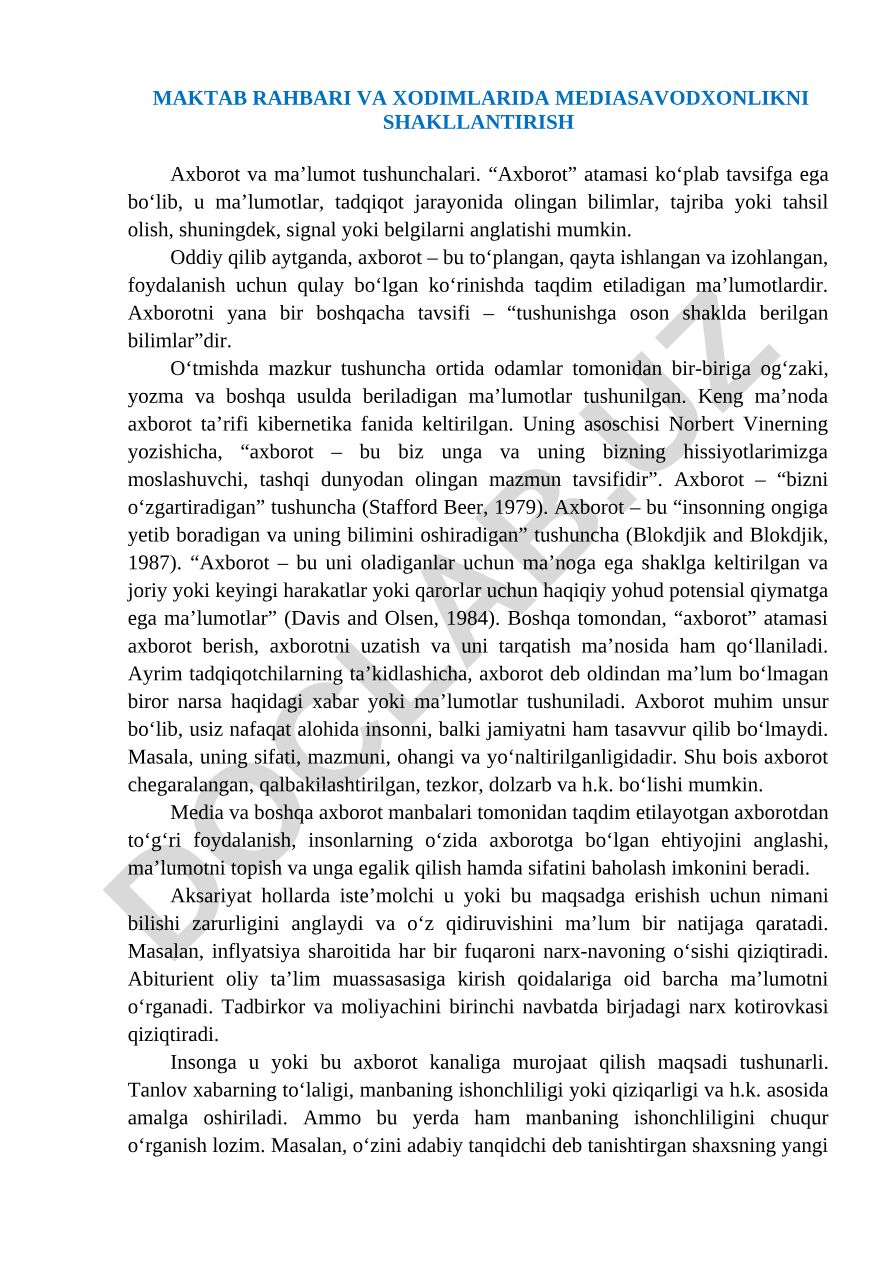 Maktab rahbari va xodimlarida mediasavodxonlikni shakllantirish