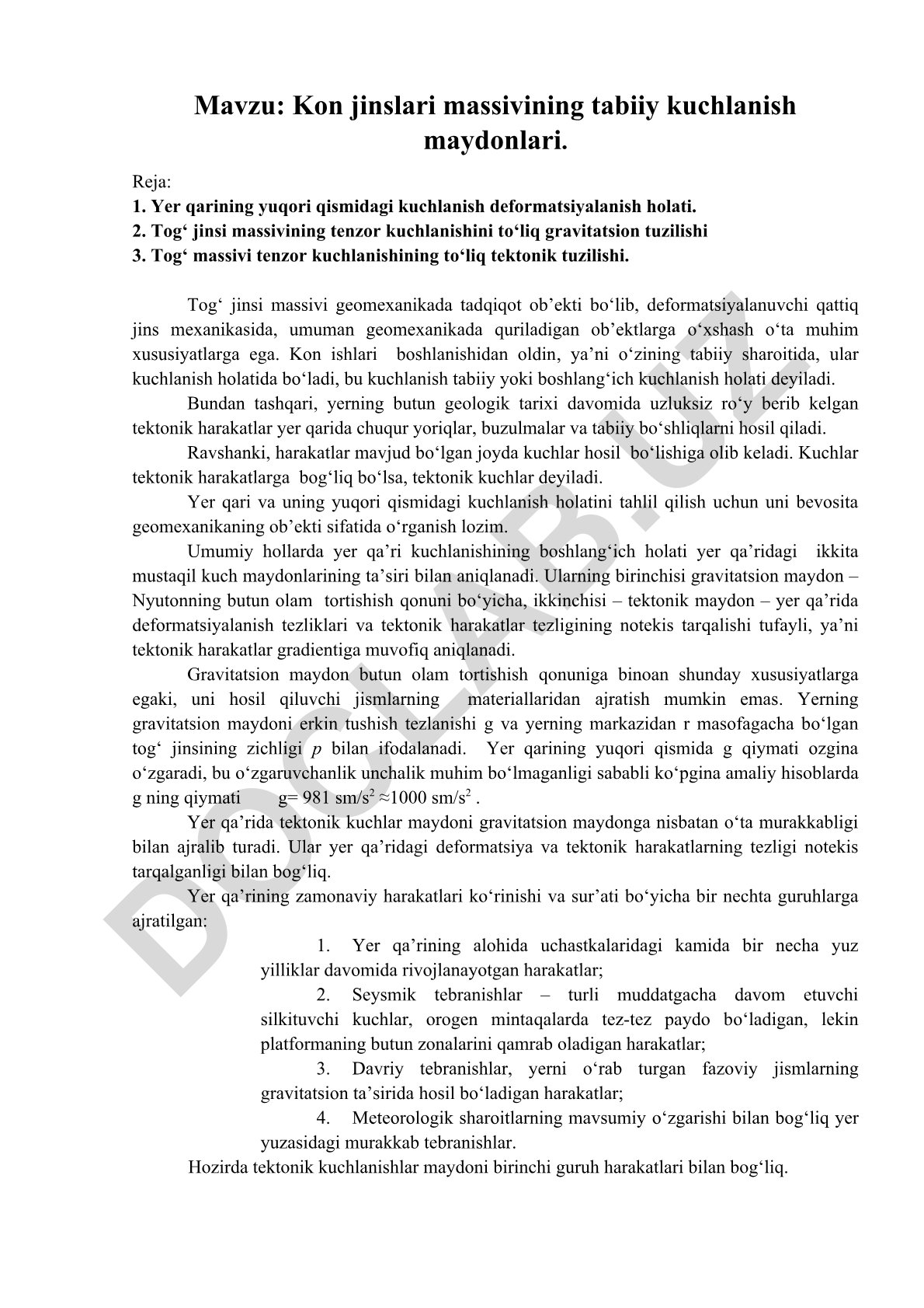 Kon jinslari massivining tabiiy kuchlanish maydonlari