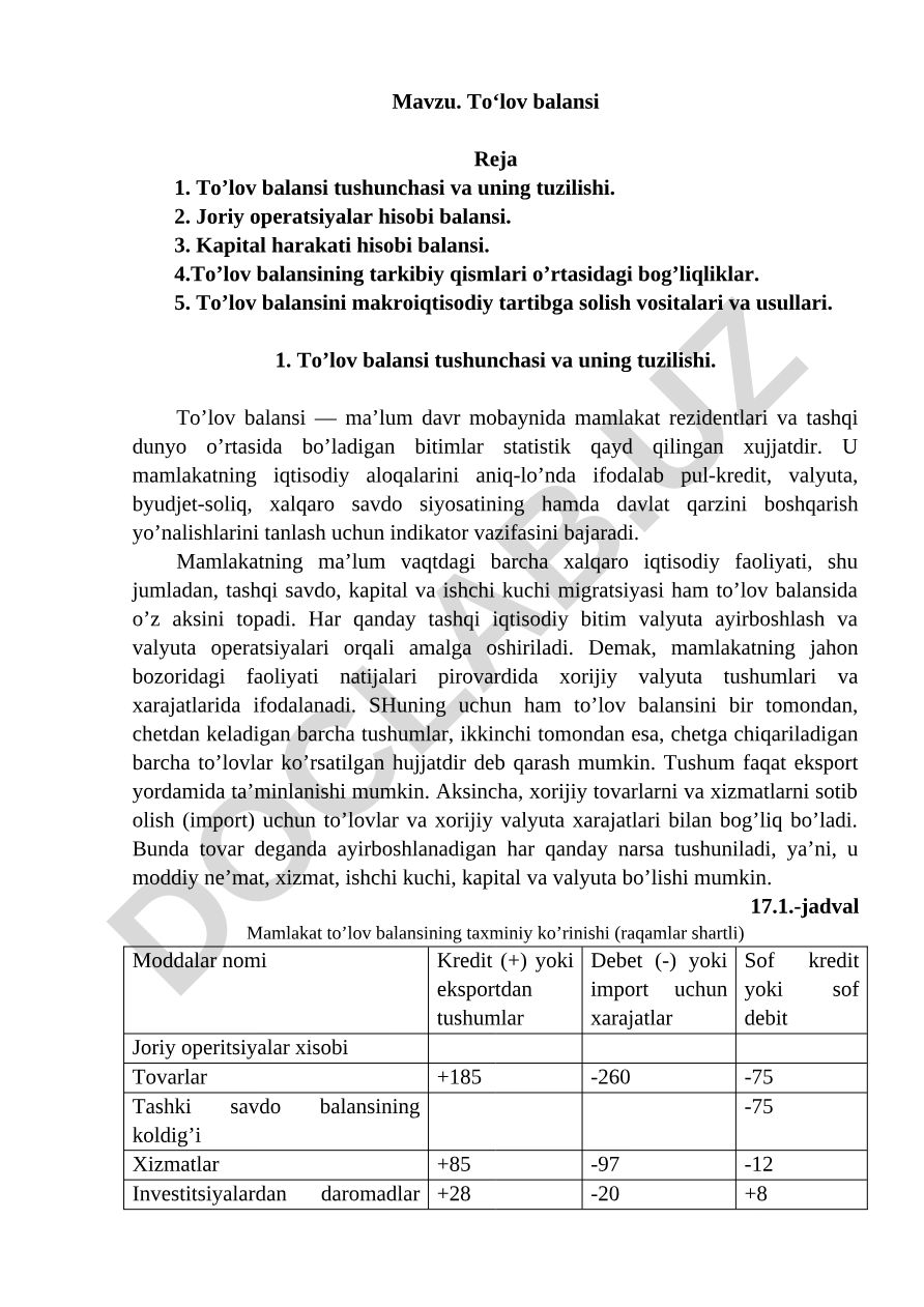 To‘lov balansi tushunchasi, tuzilishi va makroiqtisodiy tartibga solish