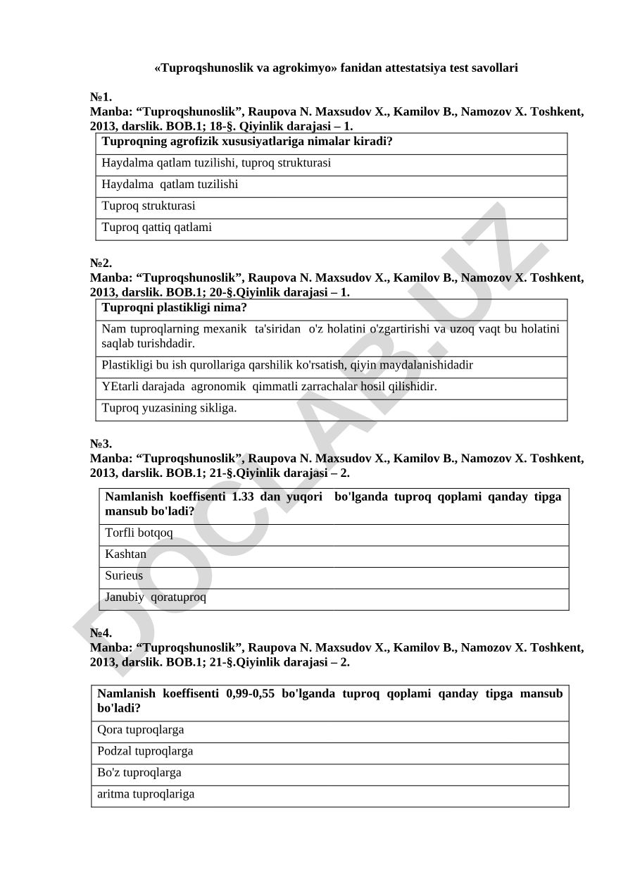 Tuproqshunoslik va agrokimyo fanidan attestatsiya test savollari