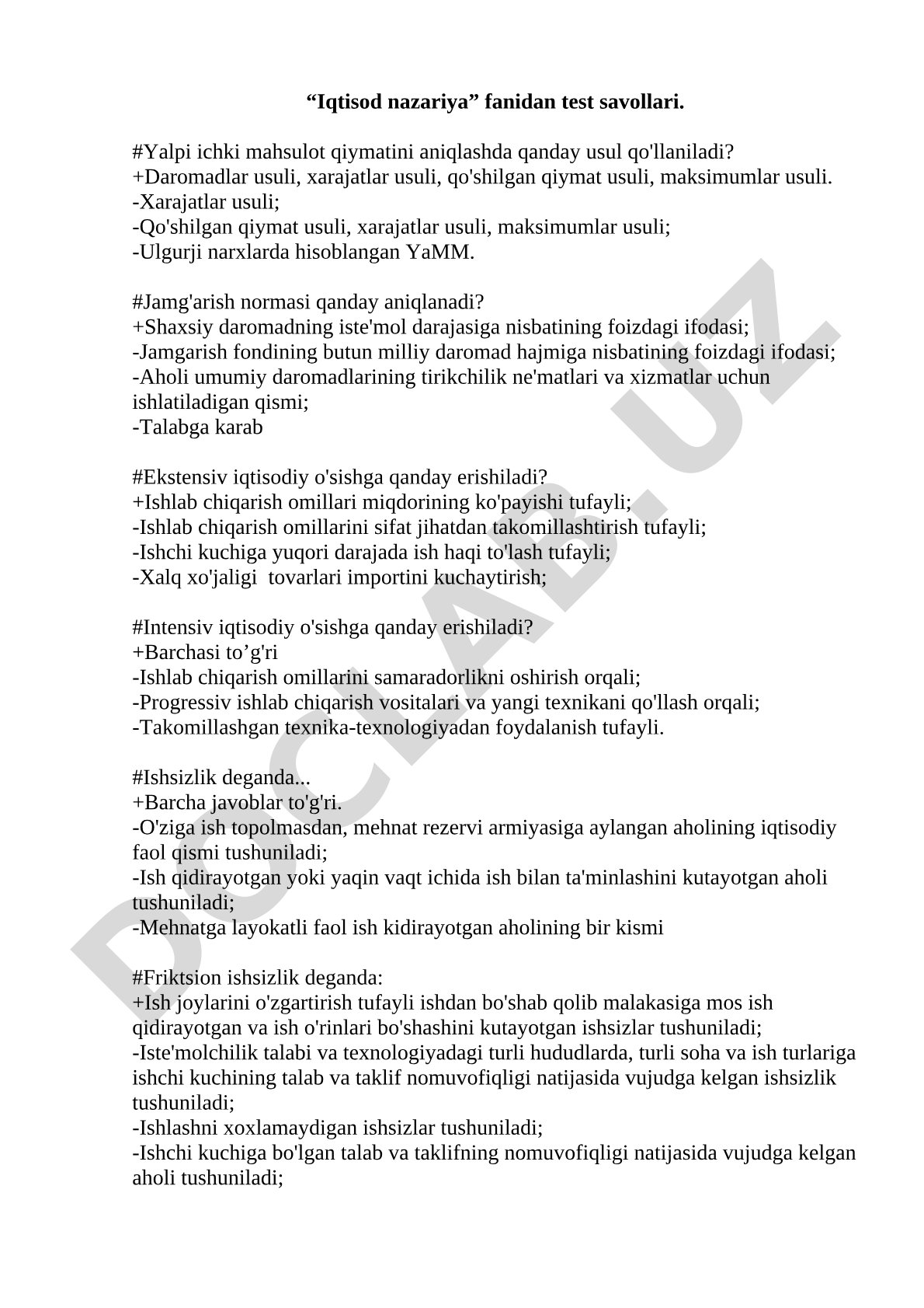 Iqtisod nazariya fanidan test savollari