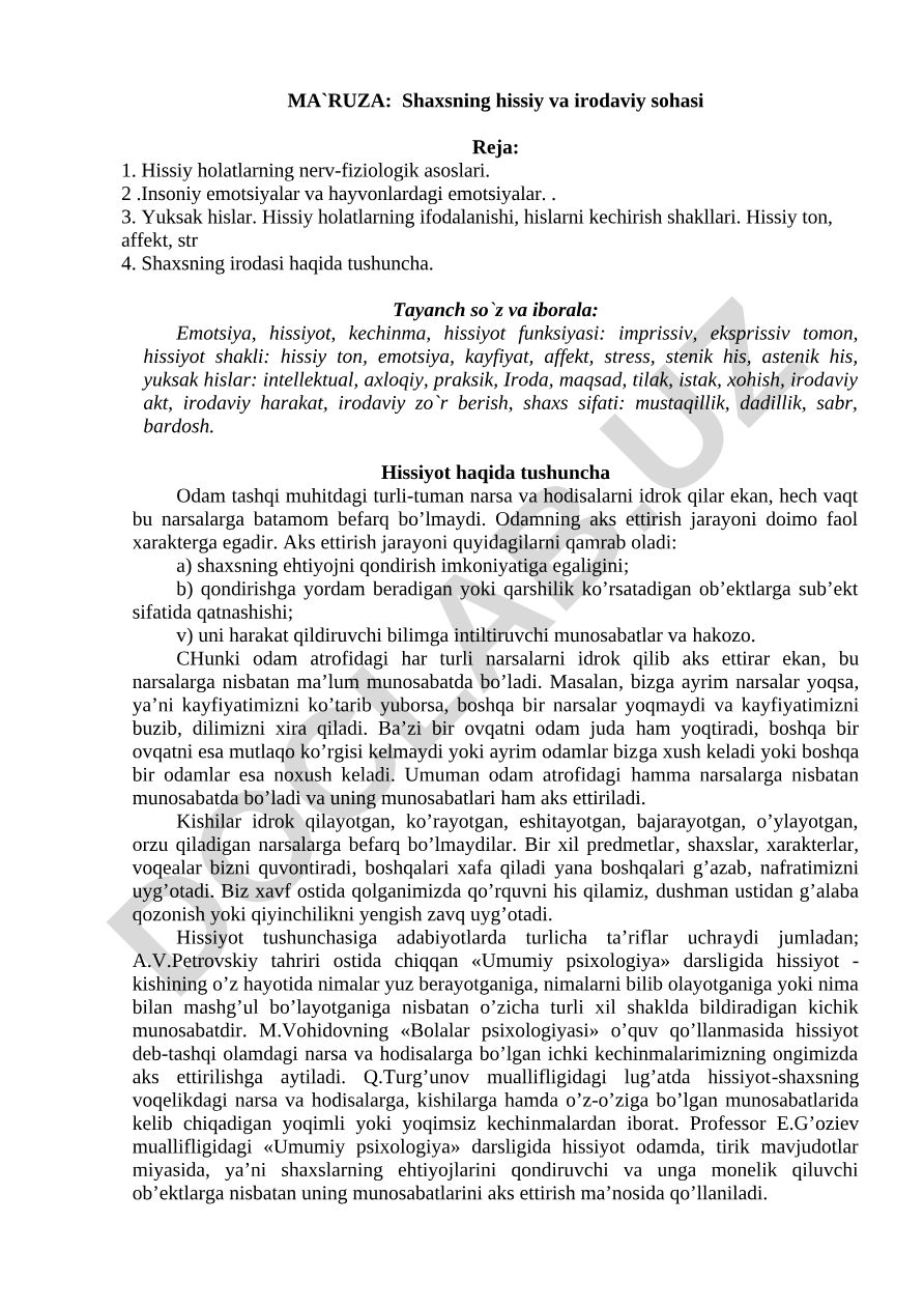 Shaxsning hissiy va irodaviy sohasi