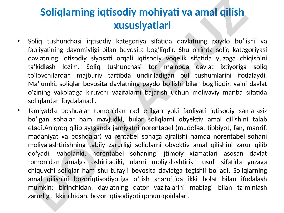Soliqlarning iqtisodiy mohiyati va amal qilish xususiyatlari