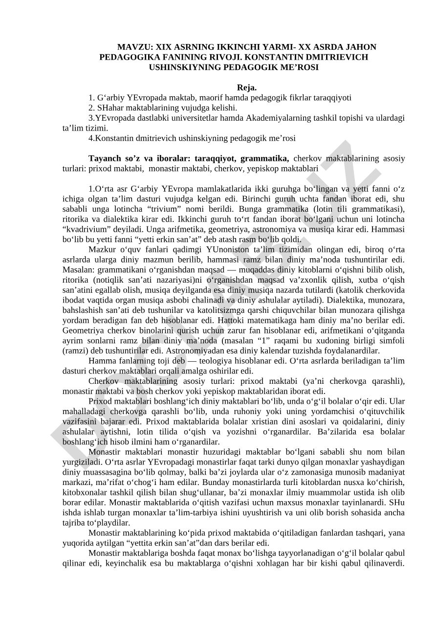 XIX asrning ikkinchi yarmi-XX asrda jahon pedagogika fanining rivoji. Konstantin Dmitrievich Ushinskiyning pedagogik me’rosi
