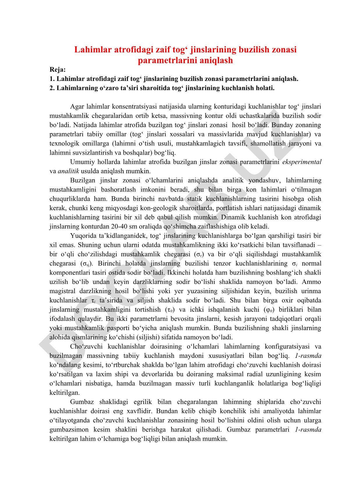 Lahimlar atrofidagi zaif tog‘ jinslarining buzilish zonasi parametrlarini aniqlash