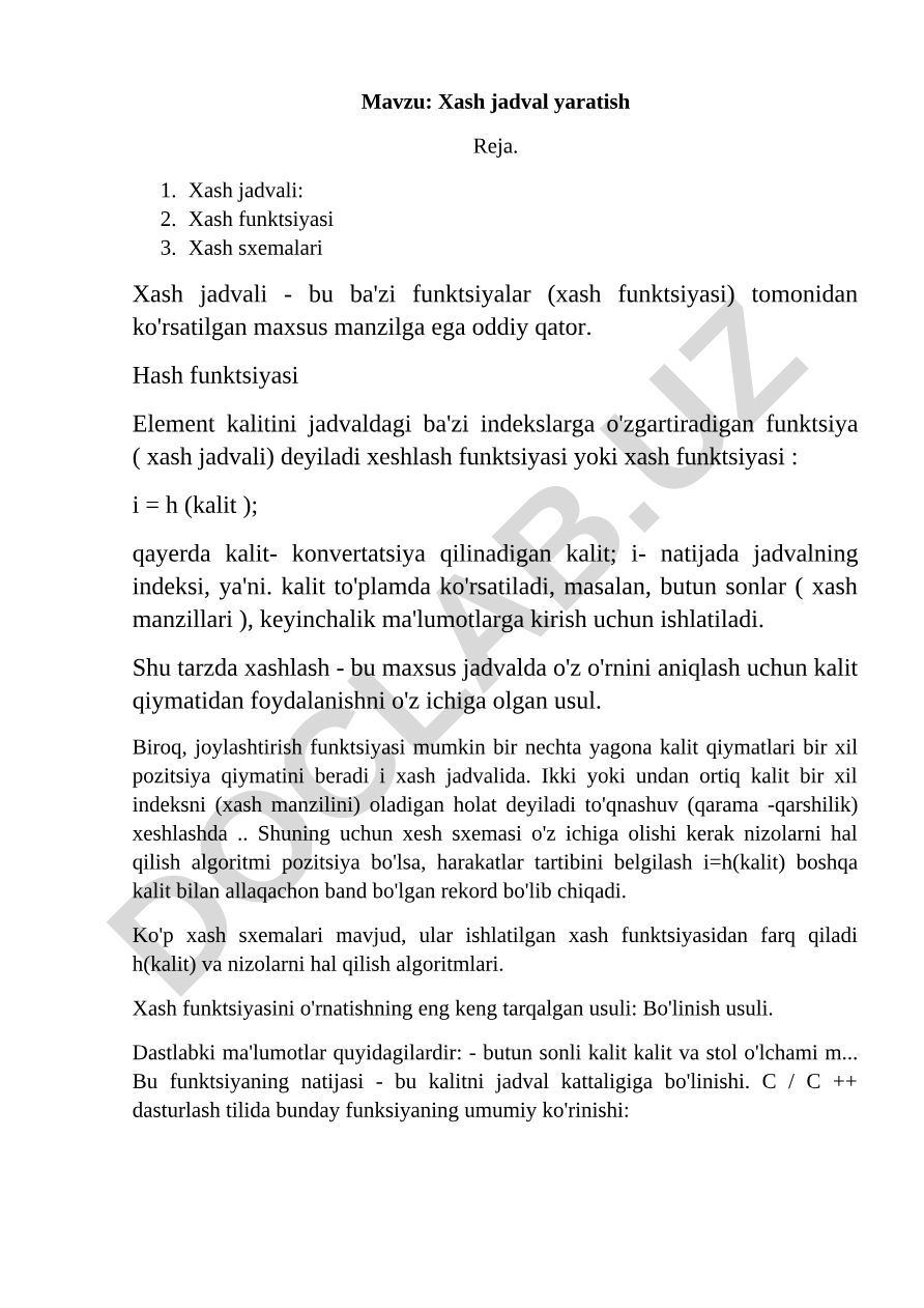 Xash jadval yaratish Reja