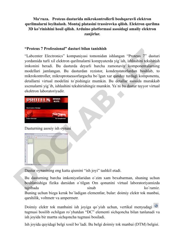 Proteus dasturida mikrokontrollerli boshqaruvli elektron qurilmalarni loyihalash