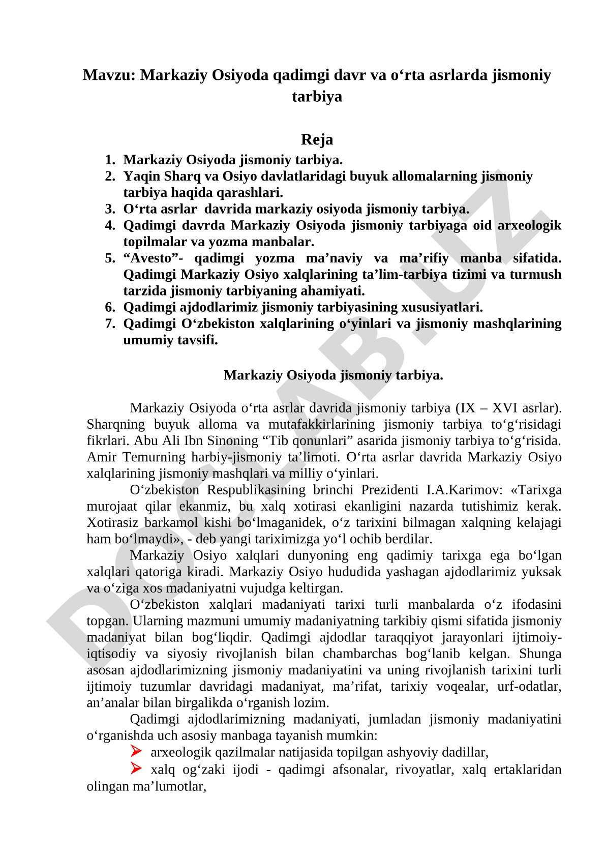 Markaziy Osiyoda jismoniy tarbiya kurs ishi