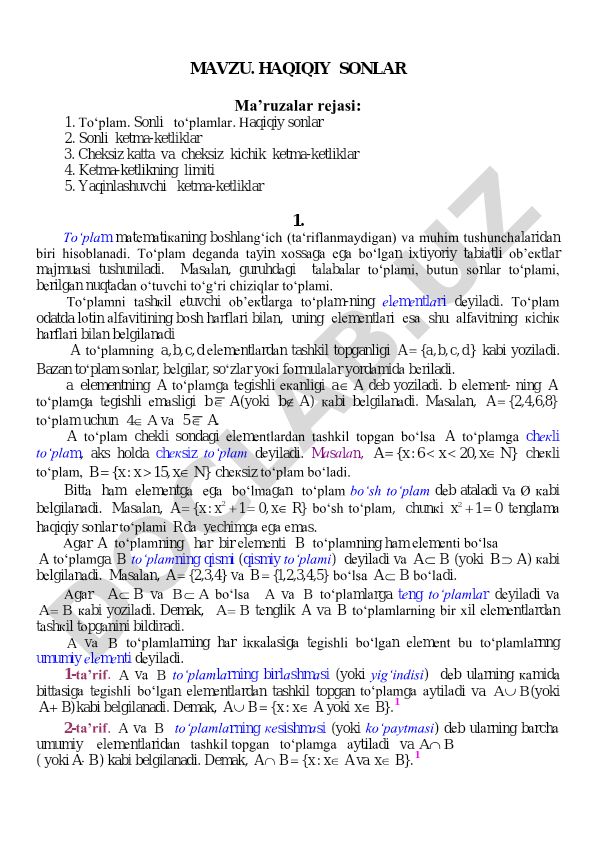 HAQIQIY SONLAR Ma’ruzalar rejasi
