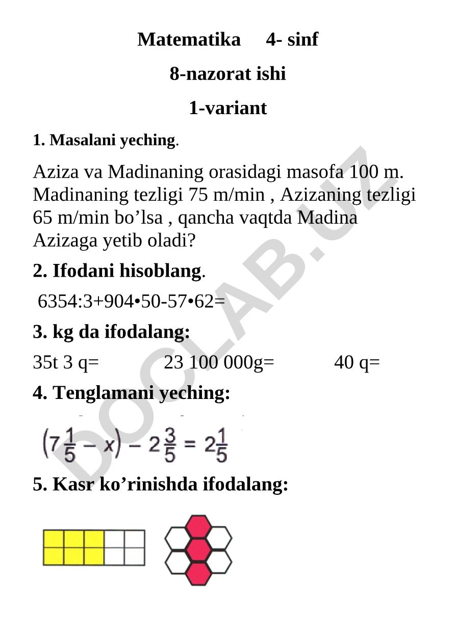 Matematika 4-sinf 8-nazorat ishi variantlari