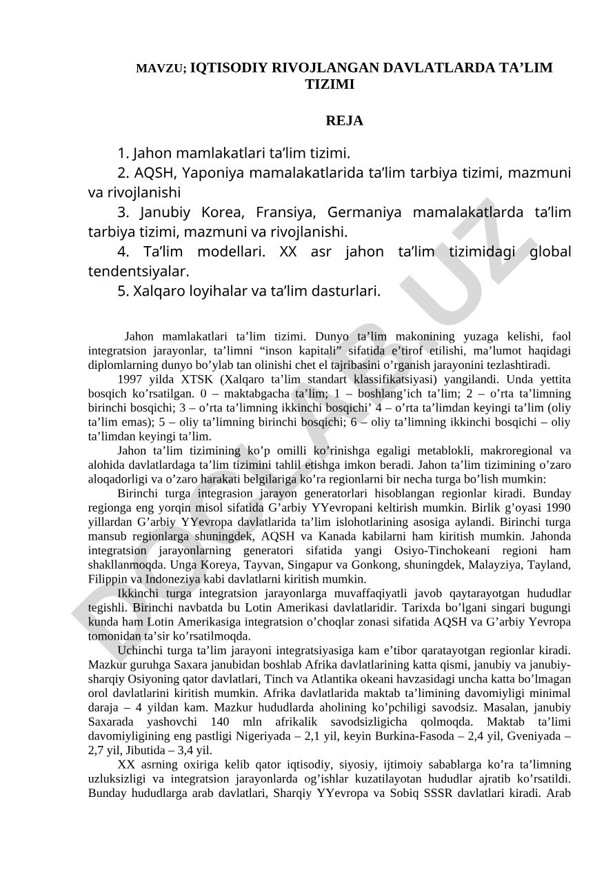 Iqtisodiy rivojlangan davlatlarda ta’lim tizimi