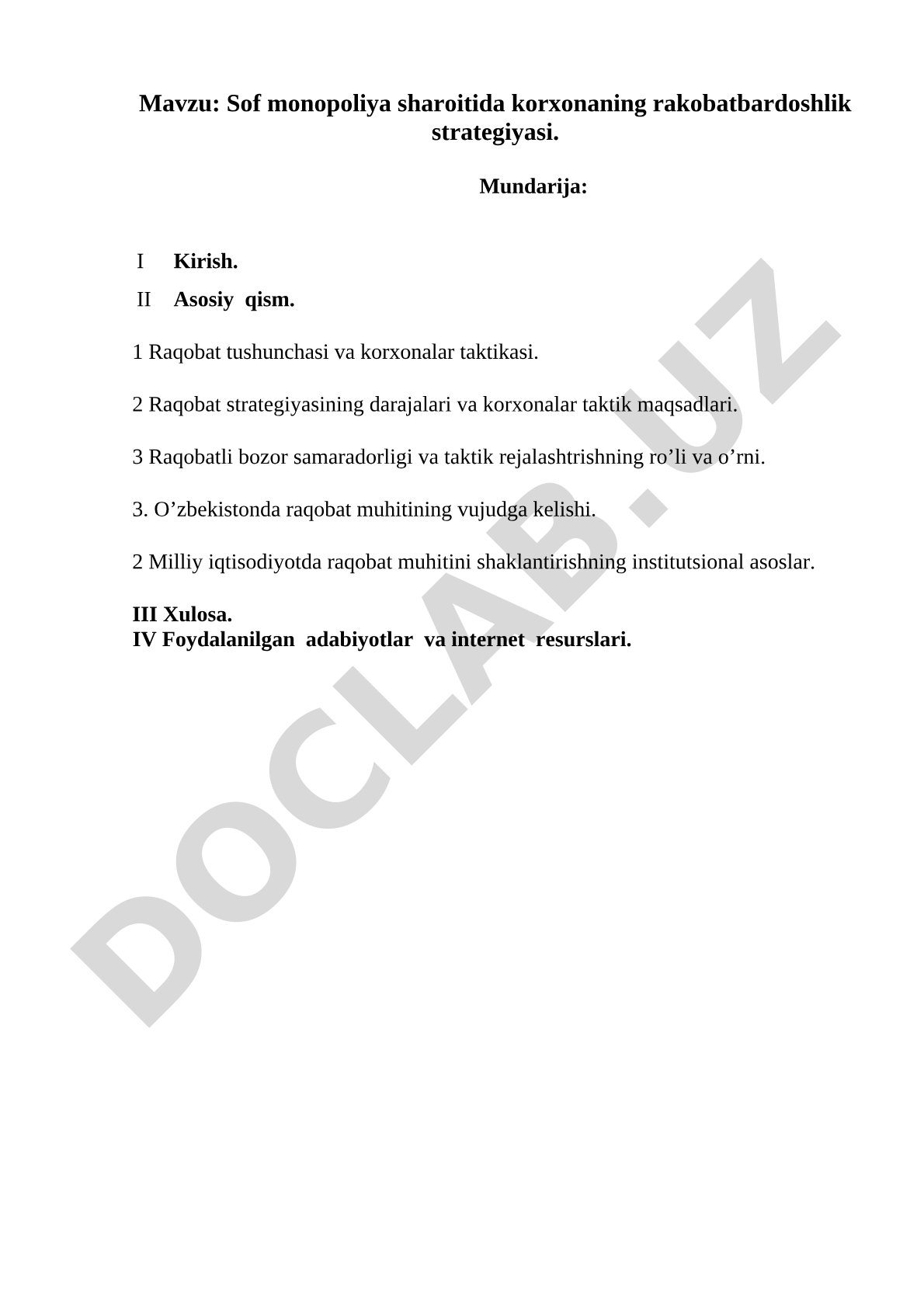 Sof monopoliya sharoitida korxonaning rakobatbardoshlik strategiyasi