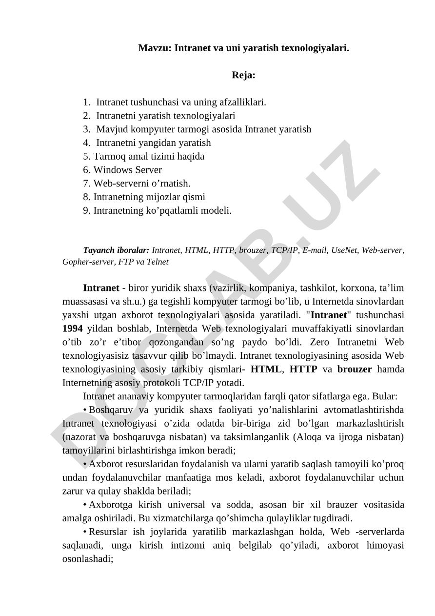 Intranet va uni yaratish texnologiyalari