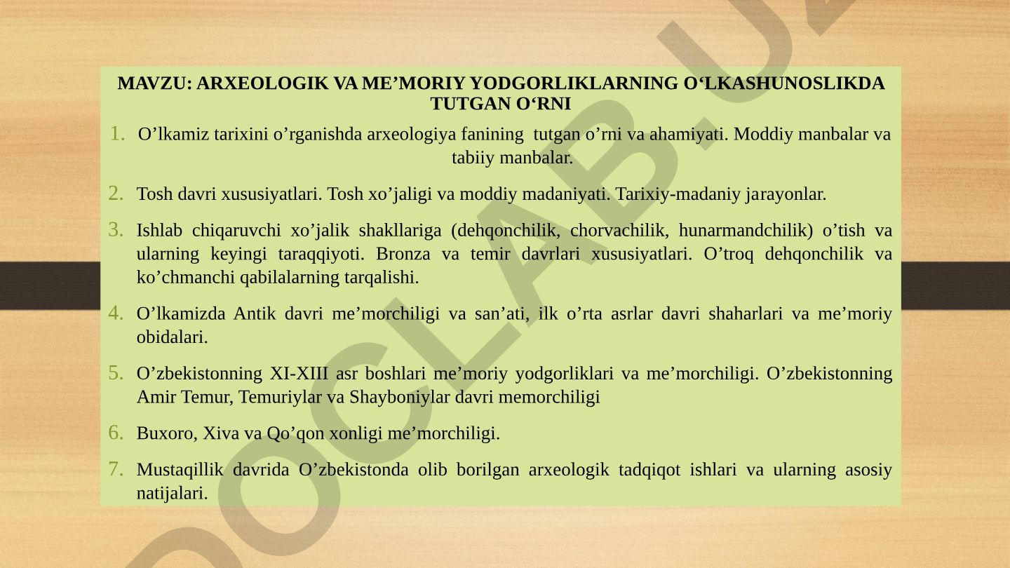 Arxeologik va me’morchilik yodgorliklarining o’lkashunoslikdagina o’rni