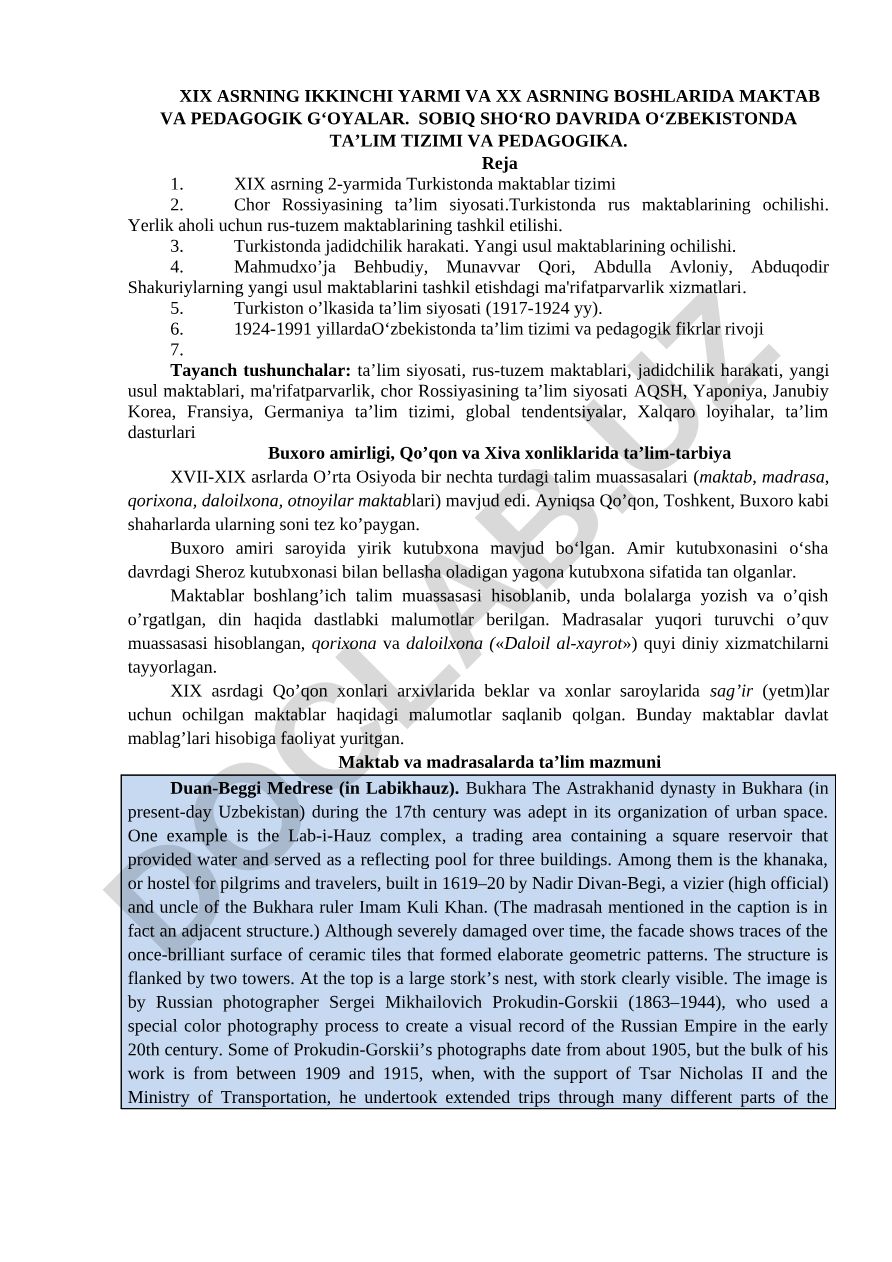 XIX asrning ikkinchi yarmi va XX asrning boshlarida maktab va pedagogik g‘oyalar