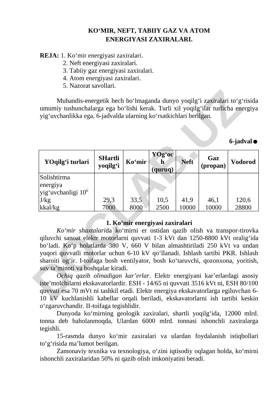 Ko'mir, neft, tabiiy gaz va atom energiyasi zaxiralari
