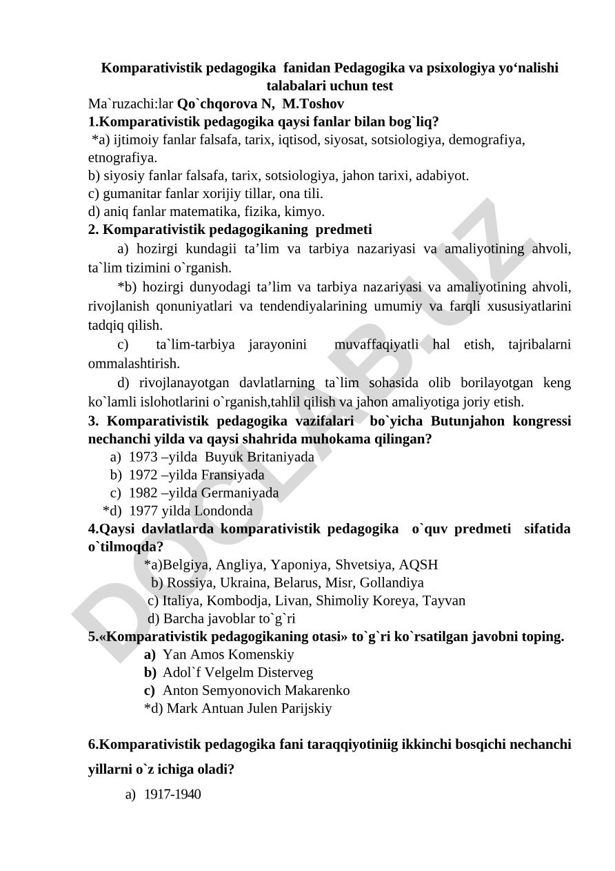Komparativistik pedagogika fanidan test savollari