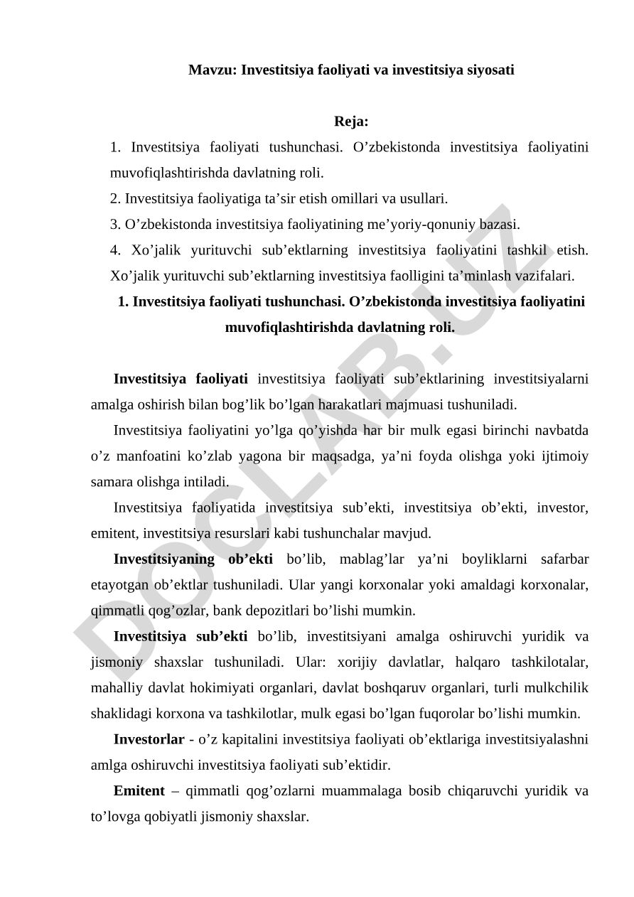 Investitsiya faoliyati va investitsiya siyosati
