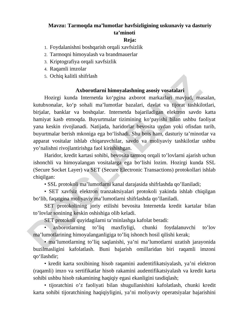 Tarmoqda ma’lumotlar havfsizligining uskunaviy va dasturiy ta’minoti