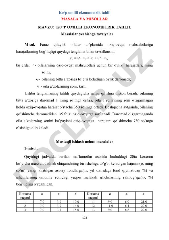 Ko‘p omilli ekonometrik tahlil masala va misollar