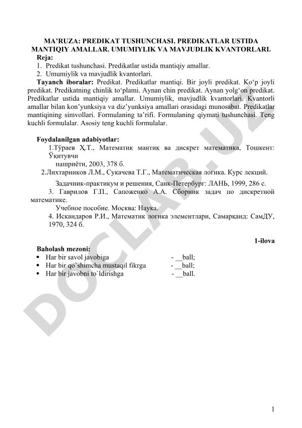 Predikat tushunchasi va kvantorlar
