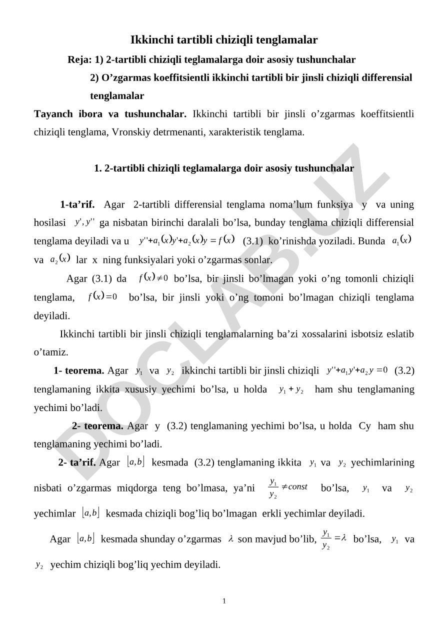 Ikkinchi tartibli chiziqli differensial tenglamalar