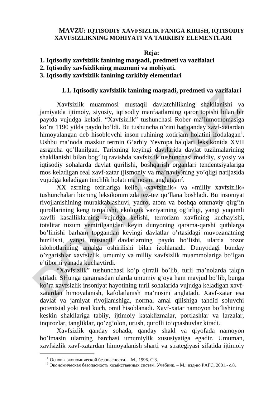 Iqtisodiy xavfsizlik faniga kirish, iqtisodiy xavfsizlikning mohiyati va tarkibiy elementlari
